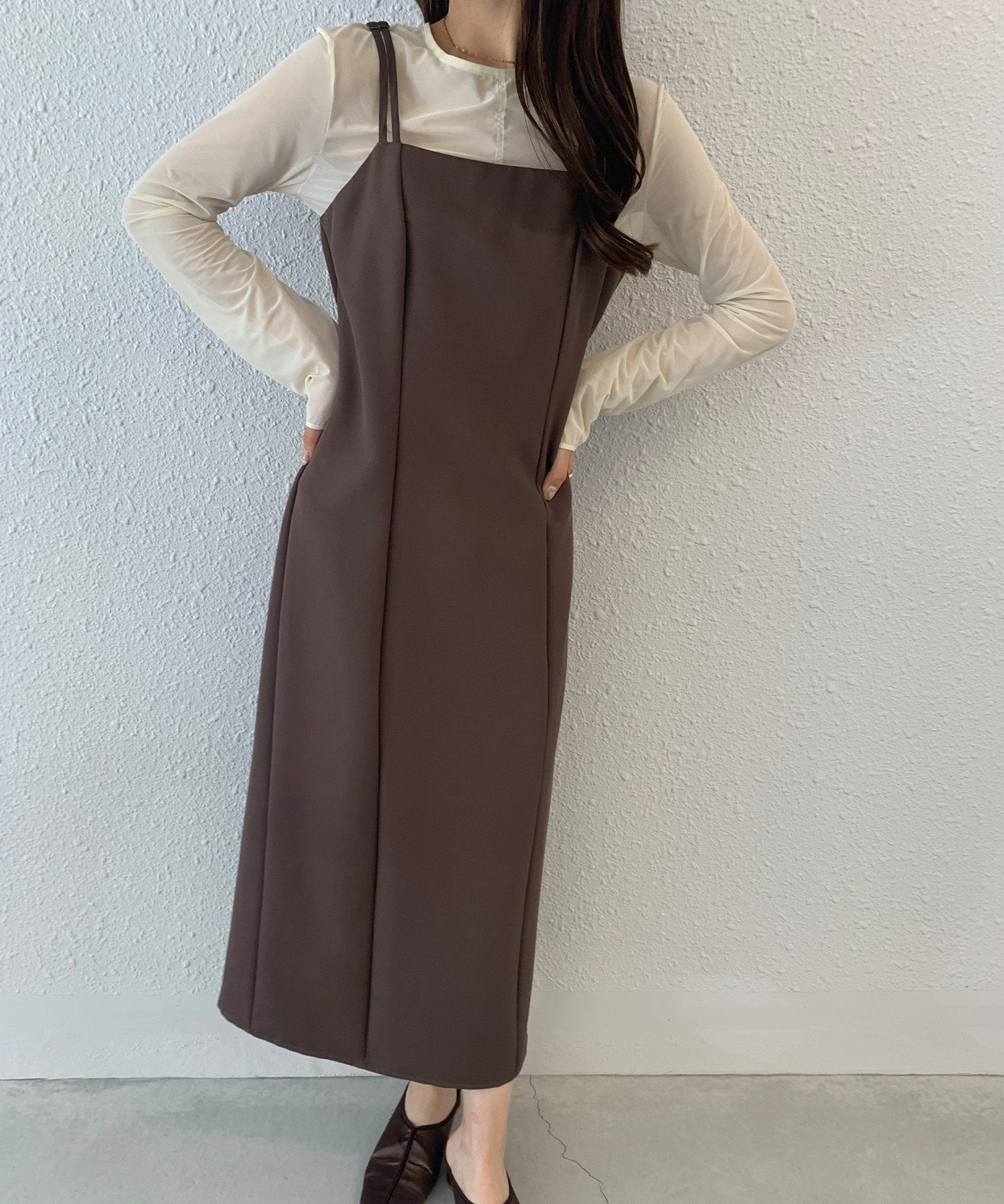 【ジュノア/JUNOAH】のIラインキャミワンピース インテリア・キッズ・メンズ・レディースファッション・服の通販 founy(ファニー) 　ファッション　Fashion　レディースファッション　Ladies' Fashion Online　ワンピース　Dress　キャミワンピース　No Sleeve Dresses　ブラウン|ID: prp329100004548422 ipo3291000000032519280