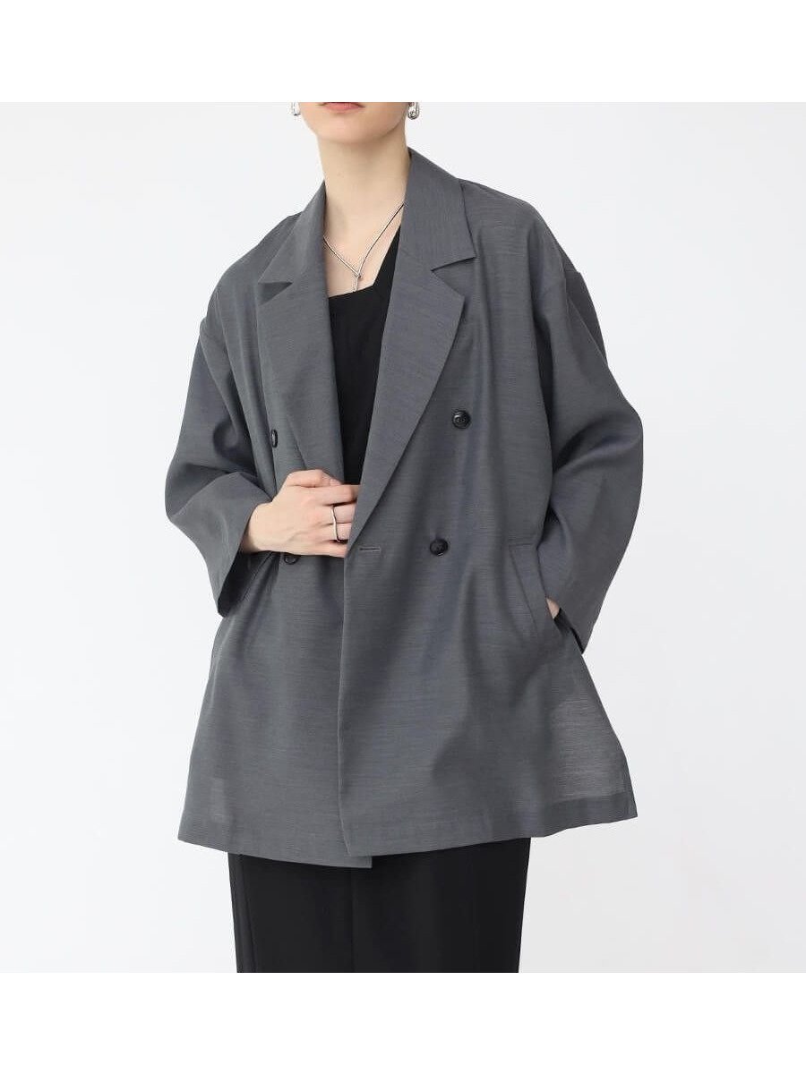 【ラシュッド/LASUD】のダブルテーラードサマージャケット インテリア・キッズ・メンズ・レディースファッション・服の通販 founy(ファニー) 　ファッション　Fashion　レディースファッション　Fashion for Women　アウター　Coat / Outerwear Collection　レディースジャケット・軽アウター　Jackets　ジャケット　Jacket, Outerwear　スリット　Slit, Slit Detail　ダブル　Double, Double-Breasted　ドレープ　Drape, Draping Fabric　バランス　Balance, Style Balance　エレガント 上品　Elegant　今季　This Season, Current Season　軽量　Lightweight, Ultra Light　チャコールグレー|ID: prp329100004548518 ipo3291000000032692988