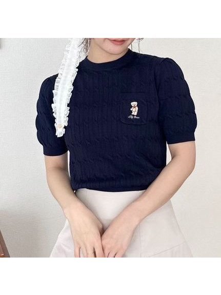 【リリーブラウン/Lily Brown】のLily Bearケーブルニットプルオーバー インテリア・キッズ・メンズ・レディースファッション・服の通販 founy(ファニー) 　ファッション　Fashion　レディースファッション　Ladies' Fashion Online　トップス・カットソー　Tops/Tshirt　ニット　Knit Tops　プルオーバー　Pullover　カラフル　Colorful　クラシカル　Classical　サマー　Summer　スカーフ　Scarf　スタンダード　Standard　ワンポイント　One Point　夏　Summer　NVY[089]|ID: prp329100004548539 ipo3291000000032586577