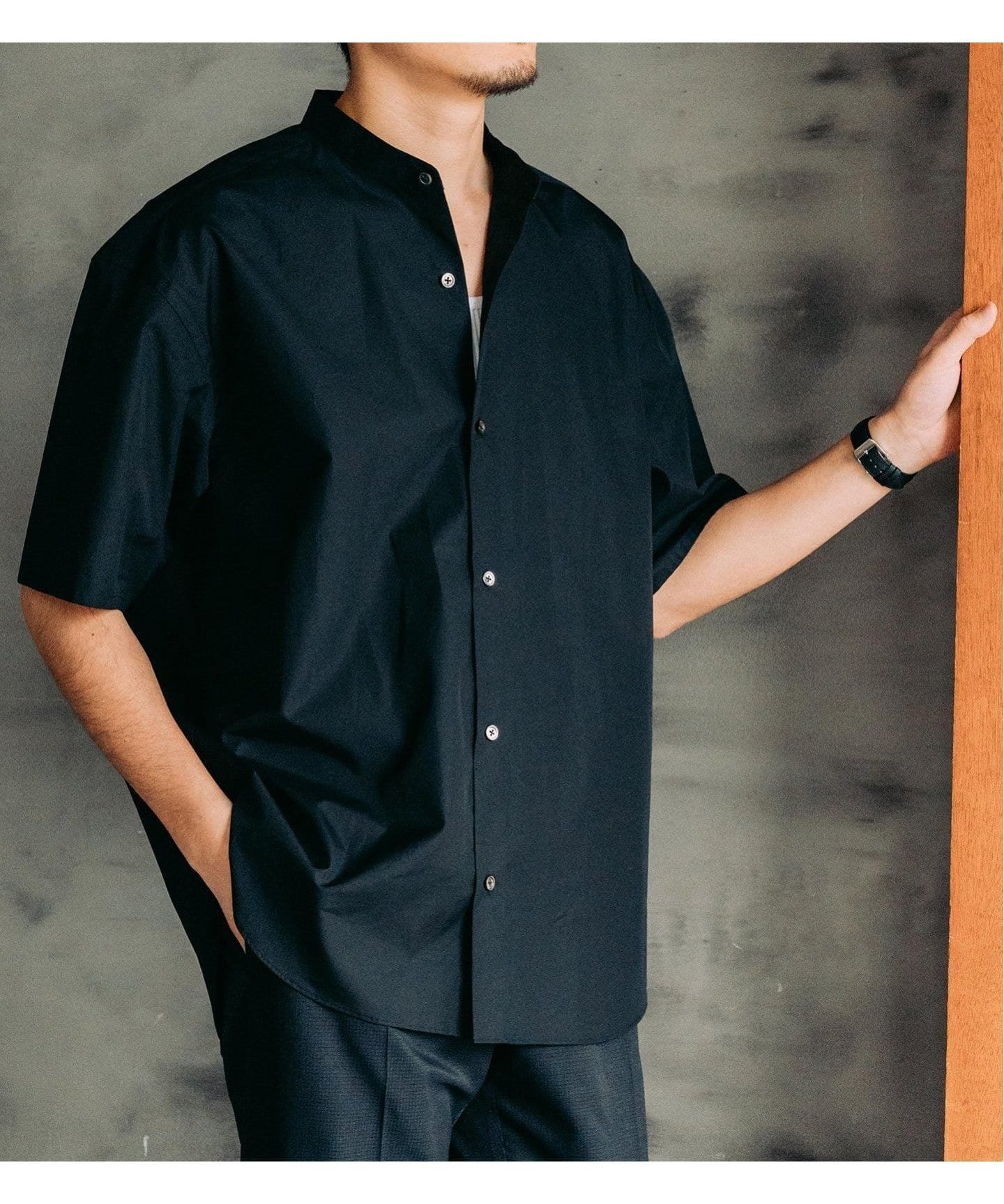 【エディフィス/EDIFICE / MEN】のTHOMAS MASON (トーマスメイソン) オーバーサイズ 半袖バンドカラーシャツ インテリア・キッズ・メンズ・レディースファッション・服の通販 founy(ファニー) 　ファッション　Fashion　メンズファッション　MEN　イタリア　Italy　バランス　Balance　ビッグ　Big　フィット　Fit　リラックス　Relax　半袖　Short Sleeve　ブラック|ID: prp329100004548934 ipo3291000000032148743
