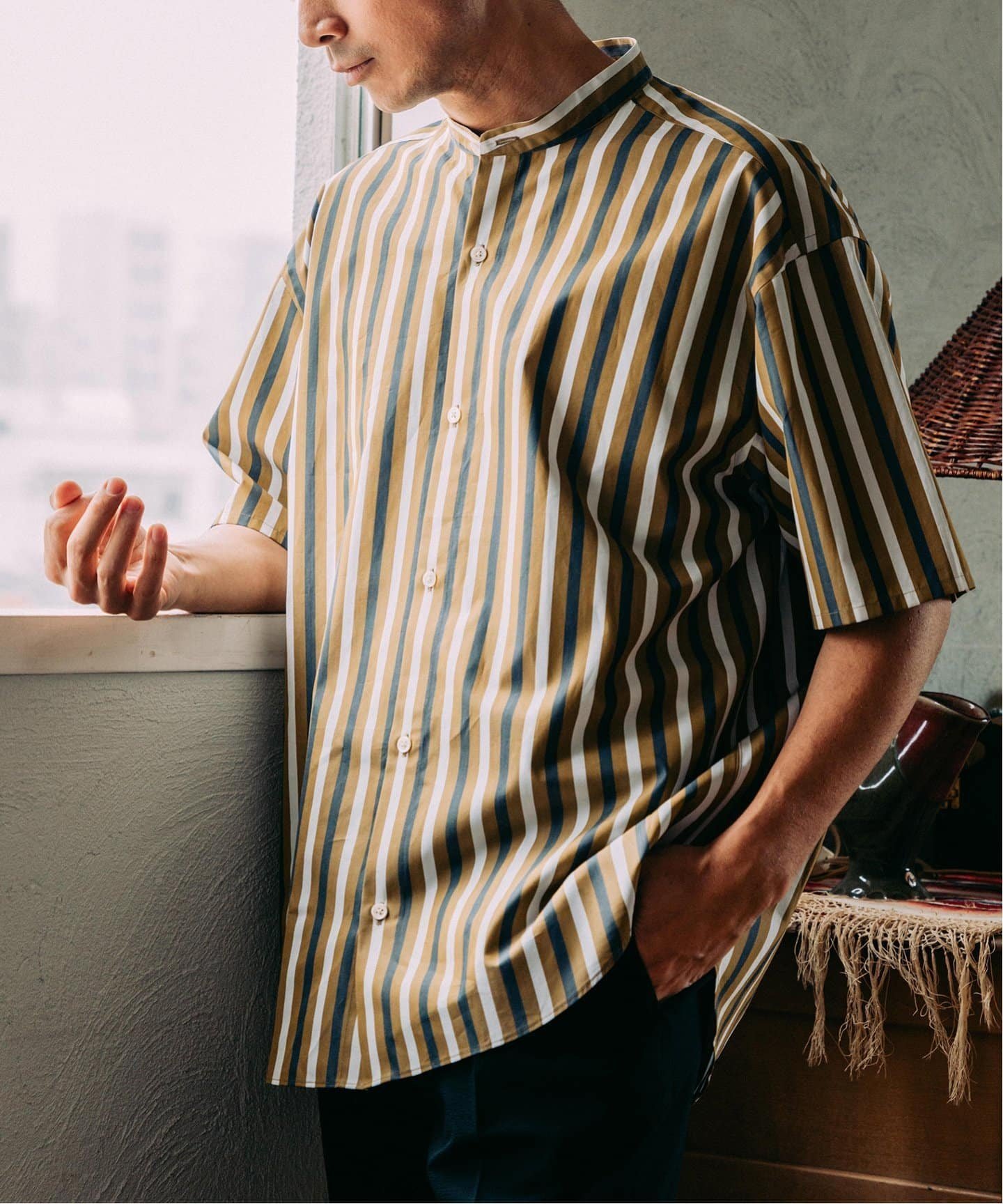 【エディフィス/EDIFICE / MEN】のTHOMAS MASON (トーマスメイソン) オーバーサイズ 半袖バンドカラーシャツ インテリア・キッズ・メンズ・レディースファッション・服の通販 founy(ファニー) 　ファッション　Fashion　メンズファッション　MEN　イタリア　Italy　バランス　Balance　ビッグ　Big　フィット　Fit　リラックス　Relax　半袖　Short Sleeve　マスタード|ID: prp329100004548934 ipo3291000000032148747