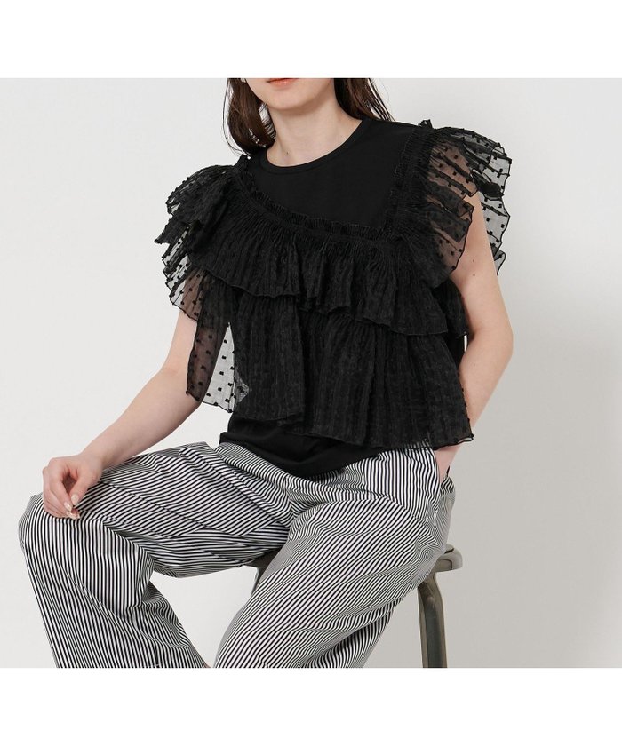 【ユナイテッドアローズ/UNITED ARROWS】のプリーツフリル コンビ カットソー BLK インテリア・キッズ・メンズ・レディースファッション・服の通販 founy(ファニー) https://founy.com/ ファッション Fashion レディースファッション Fashion for Women トップス・カットソー Cut & Sew Tops カットソー・ベーシックTシャツ Cut-and-Sewn Tops / Stretch Tees & Basics アシンメトリー Asymmetrical Style オーガンジー Organza Fabric カットソー Cut and Sewn Top コンビ Combo, Combination Style ストレート Straight, Straight Cut バランス Balance, Style Balance フリル Frill, Ruffle プリーツ Pleats, Pleated |ID: prp329100004549532 ipo3291000000033575577