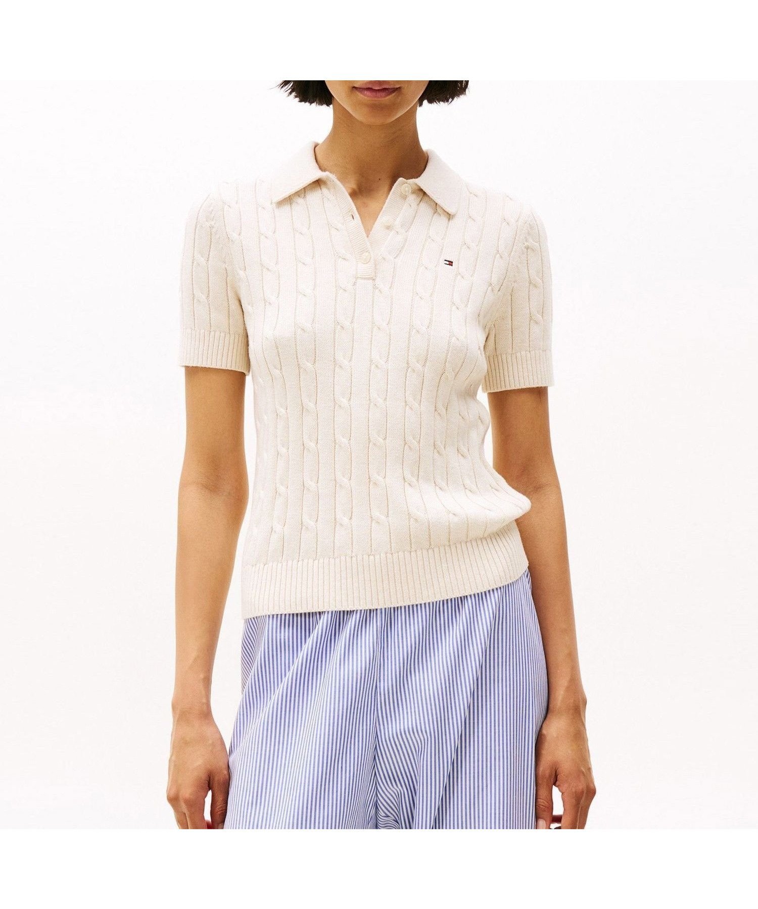 【トミーヒルフィガー/TOMMY HILFIGER】のケーブルポロニット インテリア・キッズ・メンズ・レディースファッション・服の通販 founy(ファニー) 　ファッション　Fashion　レディースファッション　WOMEN　トップス・カットソー　Tops/Tshirt　ニット　Knit Tops　アメリカン　American　クラシック　Classic　ゴルフ　Golf　デニム　Denim　モダン　Modern　ワンポイント　One Point　人気　Popularity　半袖　Short Sleeve　グレー0F5|ID: prp329100004549927 ipo3291000000032517436