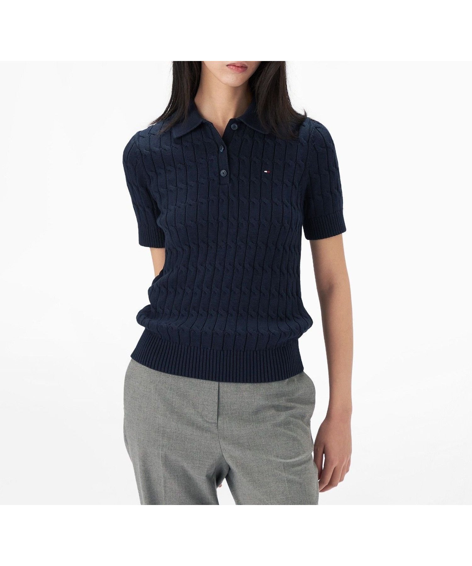 【トミーヒルフィガー/TOMMY HILFIGER】のケーブルポロニット インテリア・キッズ・メンズ・レディースファッション・服の通販 founy(ファニー) 　ファッション　Fashion　レディースファッション　WOMEN　トップス・カットソー　Tops/Tshirt　ニット　Knit Tops　アメリカン　American　クラシック　Classic　ゴルフ　Golf　デニム　Denim　モダン　Modern　ワンポイント　One Point　人気　Popularity　半袖　Short Sleeve　ネイビーC1G|ID: prp329100004549927 ipo3291000000032517438