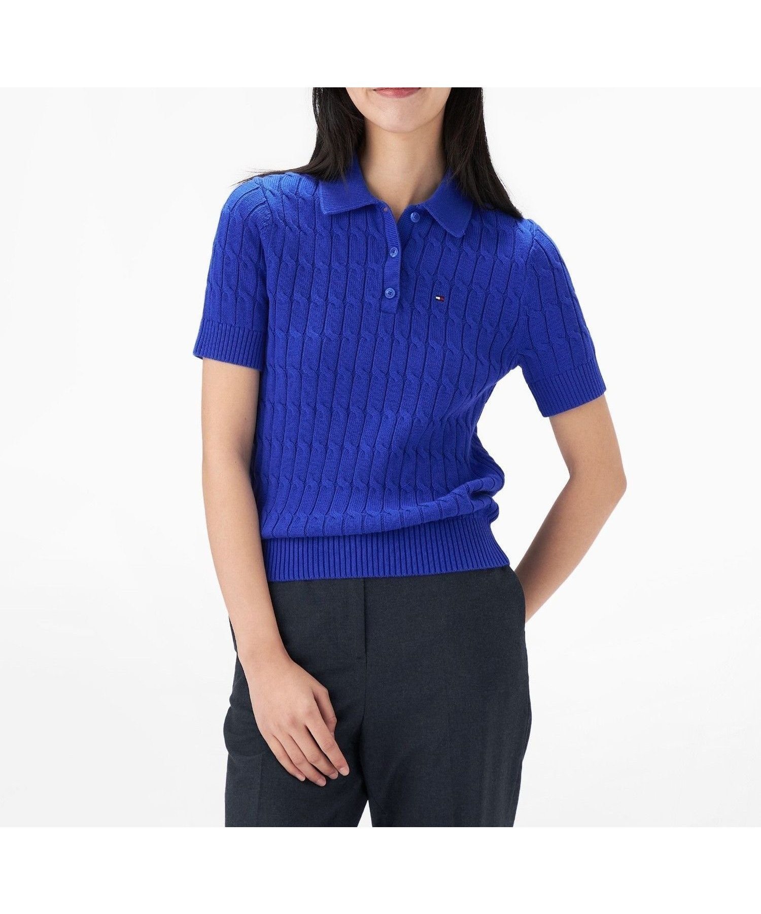 【トミーヒルフィガー/TOMMY HILFIGER】のケーブルポロニット インテリア・キッズ・メンズ・レディースファッション・服の通販 founy(ファニー) 　ファッション　Fashion　レディースファッション　WOMEN　トップス・カットソー　Tops/Tshirt　ニット　Knit Tops　アメリカン　American　クラシック　Classic　ゴルフ　Golf　デニム　Denim　モダン　Modern　ワンポイント　One Point　人気　Popularity　半袖　Short Sleeve　ブルーC8P|ID: prp329100004549927 ipo3291000000032517440