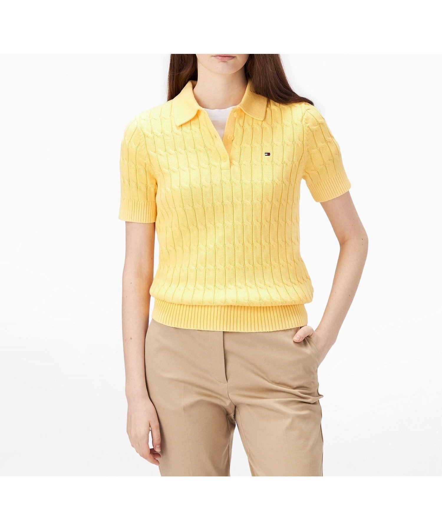 【トミーヒルフィガー/TOMMY HILFIGER】のケーブルポロニット インテリア・キッズ・メンズ・レディースファッション・服の通販 founy(ファニー) 　ファッション　Fashion　レディースファッション　WOMEN　トップス・カットソー　Tops/Tshirt　ニット　Knit Tops　アメリカン　American　クラシック　Classic　ゴルフ　Golf　デニム　Denim　モダン　Modern　ワンポイント　One Point　人気　Popularity　半袖　Short Sleeve　イエローZF0|ID: prp329100004549927 ipo3291000000032517442