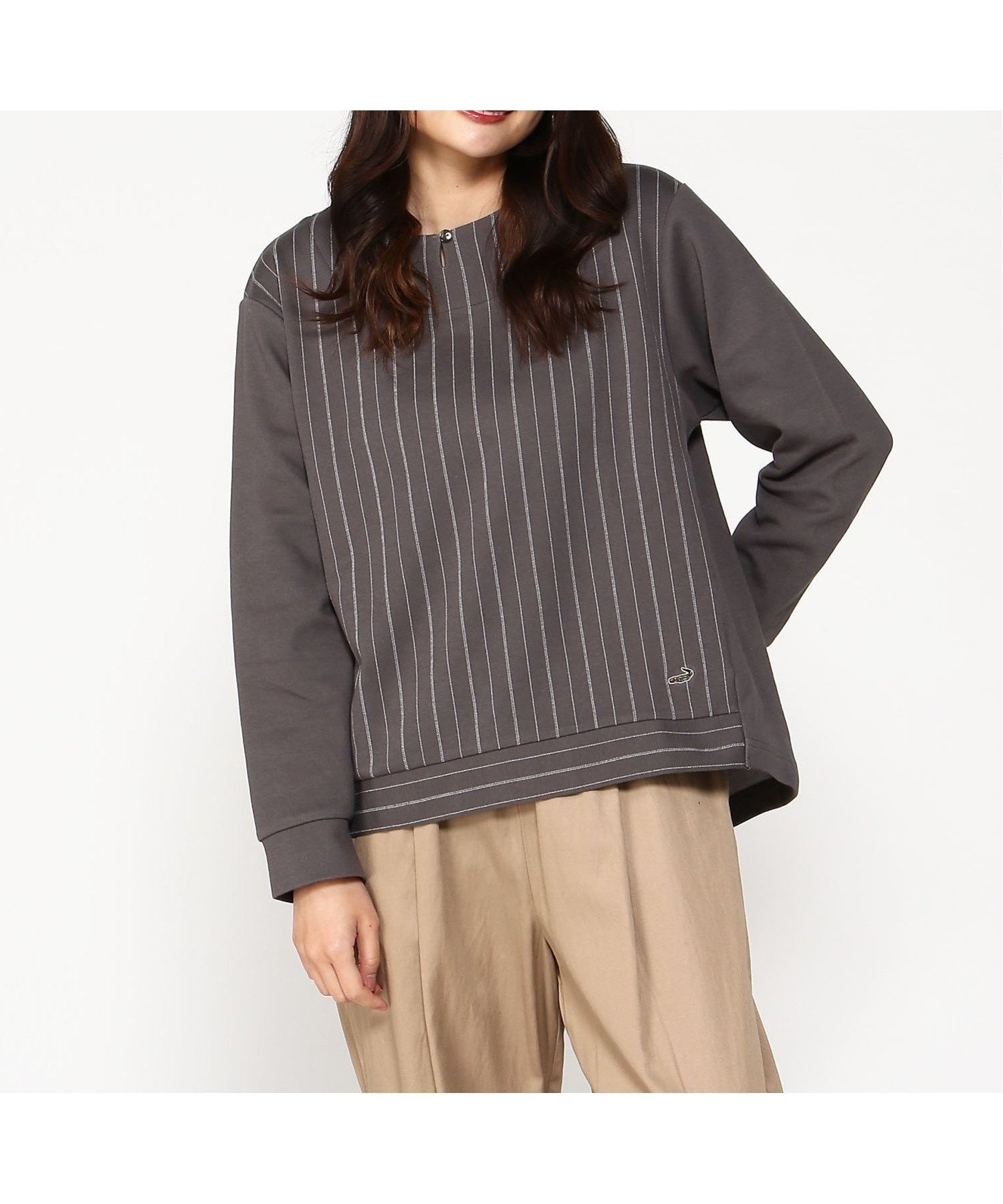 【クロコダイル/CROCODILE】のCROCODILE LADIES/ストライプ柄プルオーバーカットソー インテリア・キッズ・メンズ・レディースファッション・服の通販 founy(ファニー) 　ファッション　Fashion　レディースファッション　WOMEN　トップス・カットソー　Tops/Tshirt　プルオーバー　Pullover　カットソー　Cut and Sewn　ストライプ　Stripe　トレーナー　Trainer　無地　Plain Color　長袖　Long Sleeve　グレー|ID: prp329100004550024 ipo3291000000032156435