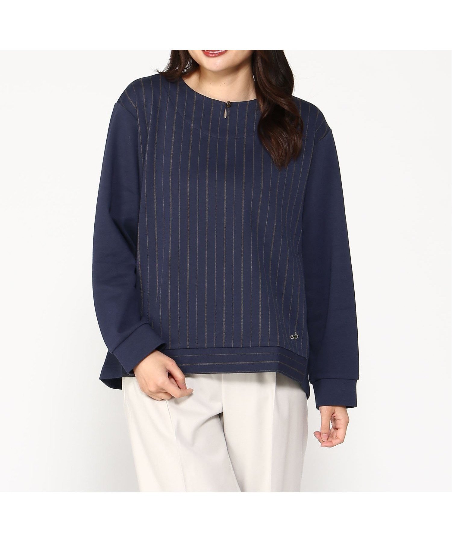 【クロコダイル/CROCODILE】のCROCODILE LADIES/ストライプ柄プルオーバーカットソー インテリア・キッズ・メンズ・レディースファッション・服の通販 founy(ファニー) 　ファッション　Fashion　レディースファッション　WOMEN　トップス・カットソー　Tops/Tshirt　プルオーバー　Pullover　カットソー　Cut and Sewn　ストライプ　Stripe　トレーナー　Trainer　無地　Plain Color　長袖　Long Sleeve　ネイビー|ID: prp329100004550024 ipo3291000000032156437