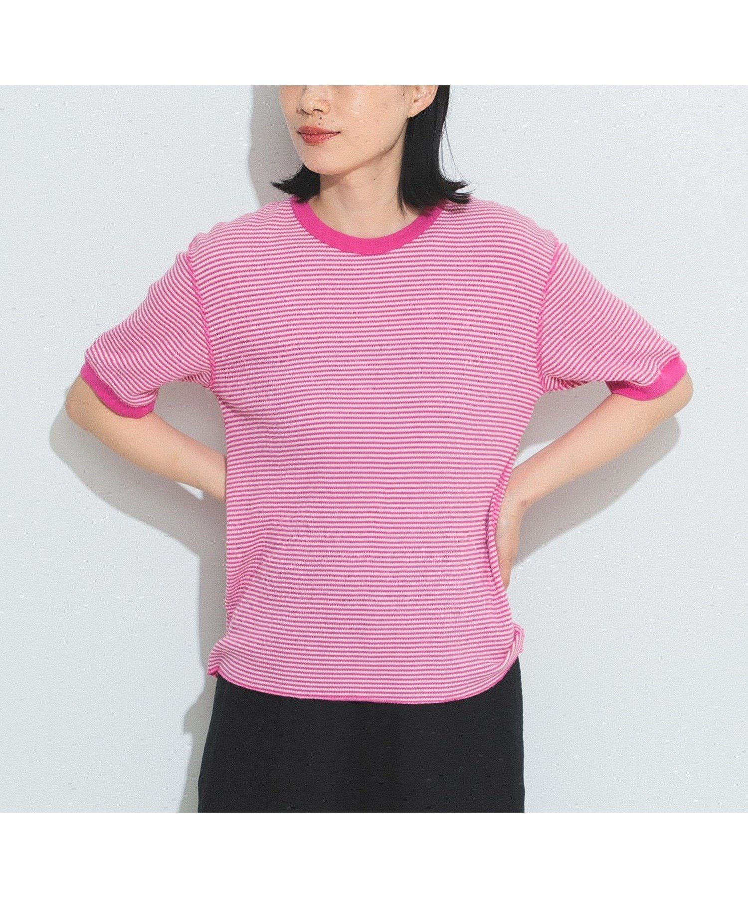 【ビームス ウイメン/BEAMS】の【別注】Healthknit / ワッフル ボーダー Tシャツ インテリア・キッズ・メンズ・レディースファッション・服の通販 founy(ファニー) 　ファッション　Fashion　レディースファッション　Fashion for Women　トップス・カットソー　Cut & Sew Tops　ニット　Knit Tops & Sweaters　シャツ・ブラウス・オフィスカジュアル　Elegant Blouses & Button-Ups　ロングTシャツ・Tシャツ　Longline T-Shirts & Tees　インナー　Innerwear　カラフル　Colorful Design　ボーダー　Border, Stripe　別注　Limited Edition, Custom Order　ワッフル　Waffle, Waffle Knit　PINK/OFF|ID: prp329100004550078 ipo3291000000033350781