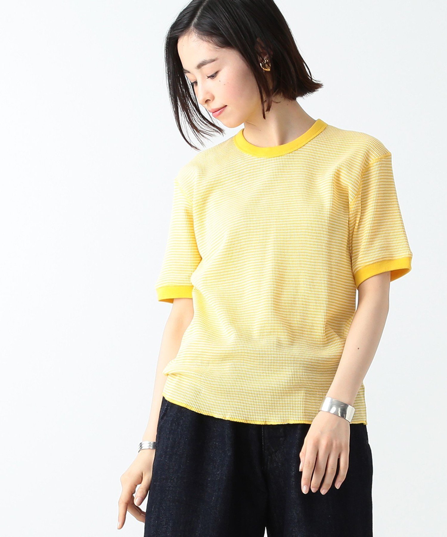 【ビームス ウイメン/BEAMS】の【別注】Healthknit / ワッフル ボーダー Tシャツ インテリア・キッズ・メンズ・レディースファッション・服の通販 founy(ファニー) 　ファッション　Fashion　レディースファッション　Fashion for Women　トップス・カットソー　Cut & Sew Tops　ニット　Knit Tops & Sweaters　シャツ・ブラウス・オフィスカジュアル　Elegant Blouses & Button-Ups　ロングTシャツ・Tシャツ　Longline T-Shirts & Tees　インナー　Innerwear　カラフル　Colorful Design　ボーダー　Border, Stripe　別注　Limited Edition, Custom Order　ワッフル　Waffle, Waffle Knit　YELLOW/OFF|ID: prp329100004550078 ipo3291000000033350794