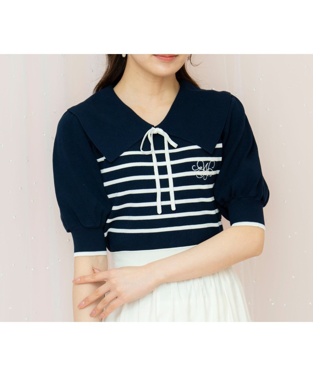【ウィルセレクション/WILLSELECTION】のビッグカラーロゴ刺繍ニット インテリア・キッズ・メンズ・レディースファッション・服の通販 founy(ファニー) 　ファッション　Fashion　レディースファッション　Fashion for Women　トップス・カットソー　Cut & Sew Tops　ニット　Knit Tops & Sweaters　スリーブ　Sleeve, Long Sleeve / Short Sleeve　ビッグ　Big, Oversized　ブローチ　Brooch, Pin Brooch　リボン　Ribbon, Bow　紺系チェック|ID: prp329100004550260 ipo3291000000033550231