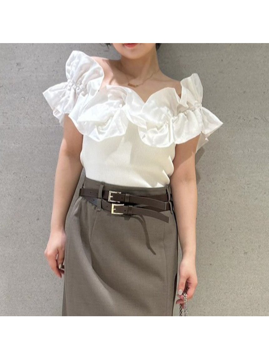 【リリーブラウン/Lily Brown】のデコラティブオフショルニットトップス インテリア・キッズ・メンズ・レディースファッション・服の通販 founy(ファニー) 　ファッション　Fashion　レディースファッション　Fashion for Women　トップス・カットソー　Cut & Sew Tops　ニット　Knit Tops & Sweaters　ギャザー　Gathered, Ruffled　シアー　Sheer, See-Through　デコルテ　Décolleté, Neckline　フリル　Frill, Ruffle　夏　Summer　WHT[001]|ID: prp329100004550388 ipo3291000000032972695