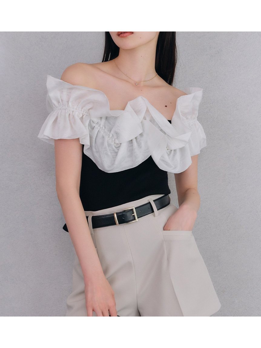 【リリーブラウン/Lily Brown】のデコラティブオフショルニットトップス インテリア・キッズ・メンズ・レディースファッション・服の通販 founy(ファニー) 　ファッション　Fashion　レディースファッション　Fashion for Women　トップス・カットソー　Cut & Sew Tops　ニット　Knit Tops & Sweaters　ギャザー　Gathered, Ruffled　シアー　Sheer, See-Through　デコルテ　Décolleté, Neckline　フリル　Frill, Ruffle　夏　Summer　BLK[009]|ID: prp329100004550388 ipo3291000000032972698
