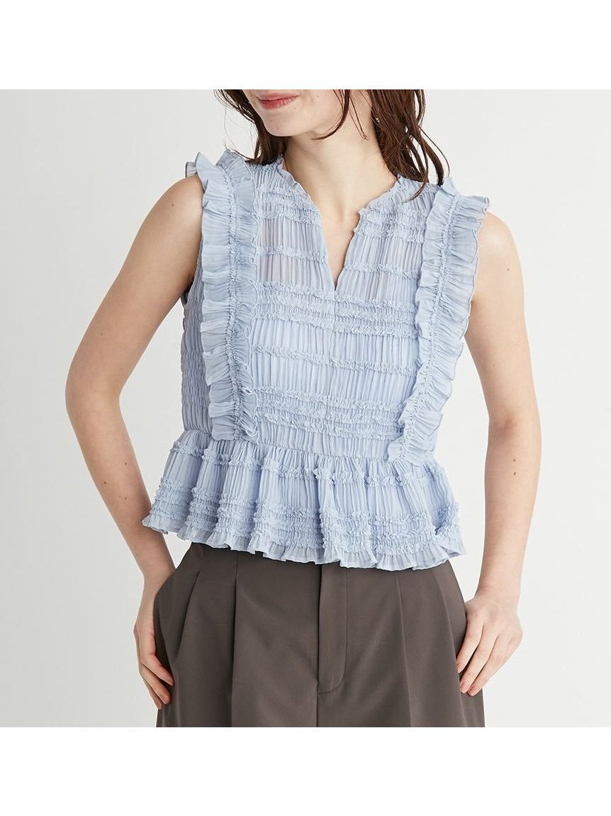 【セルフォード/CELFORD】のシャーリングフリルブラウス インテリア・キッズ・メンズ・レディースファッション・服の通販 founy(ファニー) 　ファッション　Fashion　レディースファッション　WOMEN　トップス・カットソー　Tops/Tshirt　シャツ/ブラウス　Shirts/Blouses　インナーキャミ　Inner Cami　シフォン　Chiffon　スキッパー　Skipper　バランス　Balance　フリル　Frills　SAX[083]|ID: prp329100004550455 ipo3291000000032262744