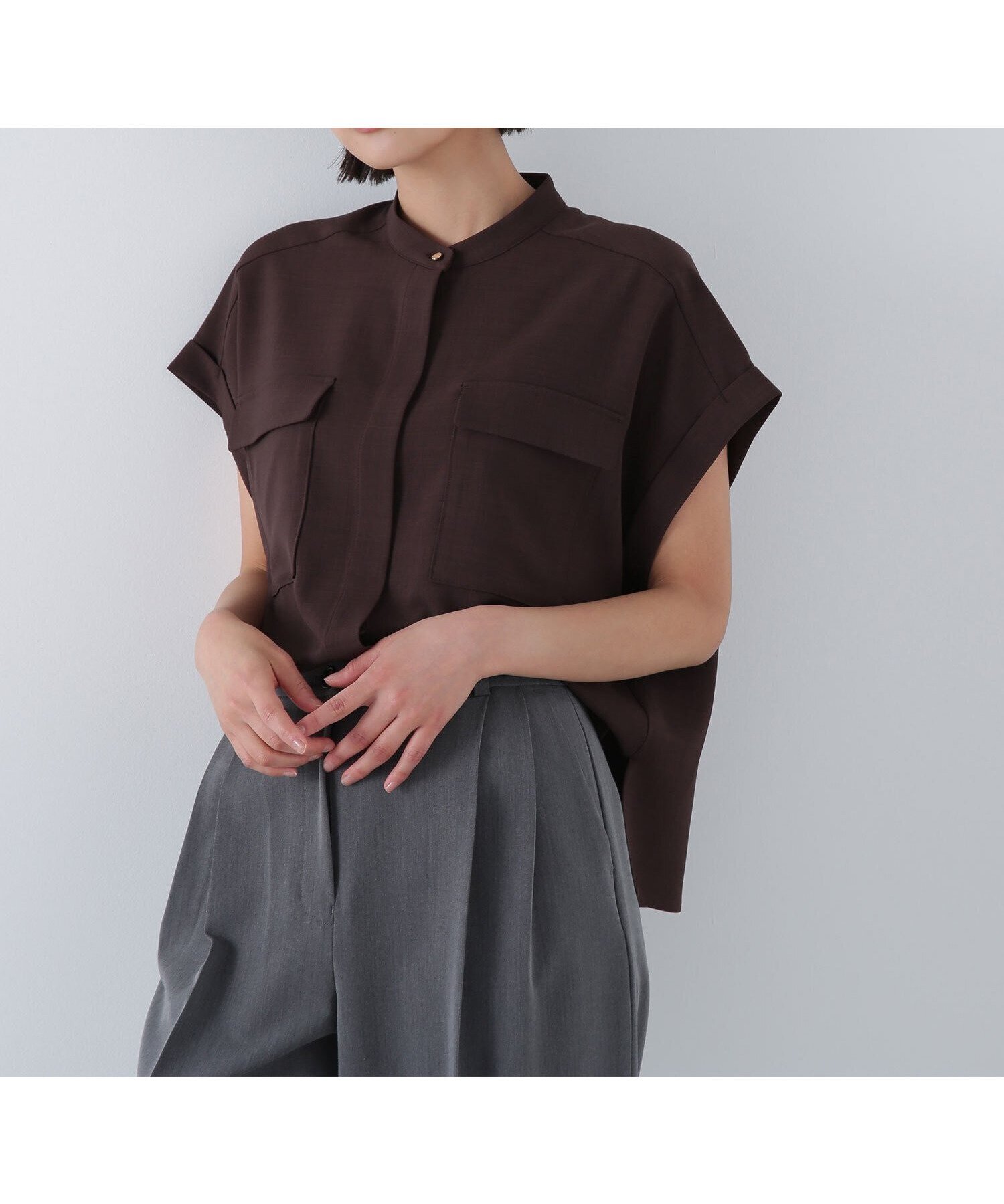 【ナチュラル ビューティー ベーシック/NATURAL BEAUTY BASIC】のドライタッチダブルポケットブラウス インテリア・キッズ・メンズ・レディースファッション・服の通販 founy(ファニー) 　ファッション　Fashion　レディースファッション　Ladies' Fashion Online　トップス・カットソー　Tops/Tshirt　シャツ/ブラウス　Shirts/Blouses　おすすめ　Recommend　スリーブ　Sleeve　ダブル　Double　フレンチ　French　ポケット　Pocket　メランジ　Melange　ビジネス 仕事 通勤　Business　ダークブラウン1|ID: prp329100004550477 ipo3291000000032674313