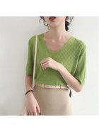 【ミニミニストア/miniministore】の5分袖リブニット夏服トップス レディース Vネック*グリーン|ID: prp329100004550536 ipo3291000000032605595