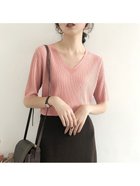 【ミニミニストア/miniministore】の5分袖リブニット夏服トップス レディース Vネック*ピンク|ID: prp329100004550536 ipo3291000000032605597
