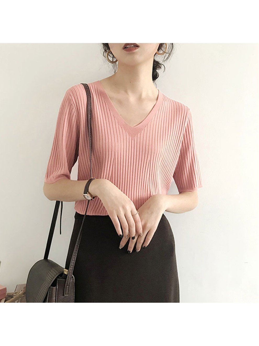 【ミニミニストア/miniministore】の5分袖リブニット夏服トップス レディース インテリア・キッズ・メンズ・レディースファッション・服の通販 founy(ファニー) 　ファッション　Fashion　レディースファッション　Ladies' Fashion Online　トップス・カットソー　Tops/Tshirt　ニット　Knit Tops　イエロー　Yellow　インナー　Inner　カットソー　Cut And Sew　サマー　Summer　シンプル　Simple　デニム　Denim　ニットソー　Knit Sew　ベスト　Vest　リブニット　Rib Knit　夏　Summer　洗える　Washable　無地　Plain Color　Vネック*ピンク|ID: prp329100004550536 ipo3291000000032605597