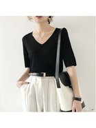 【ミニミニストア/miniministore】の5分袖リブニット夏服トップス レディース Vネック*ブラック|ID: prp329100004550536 ipo3291000000032605599