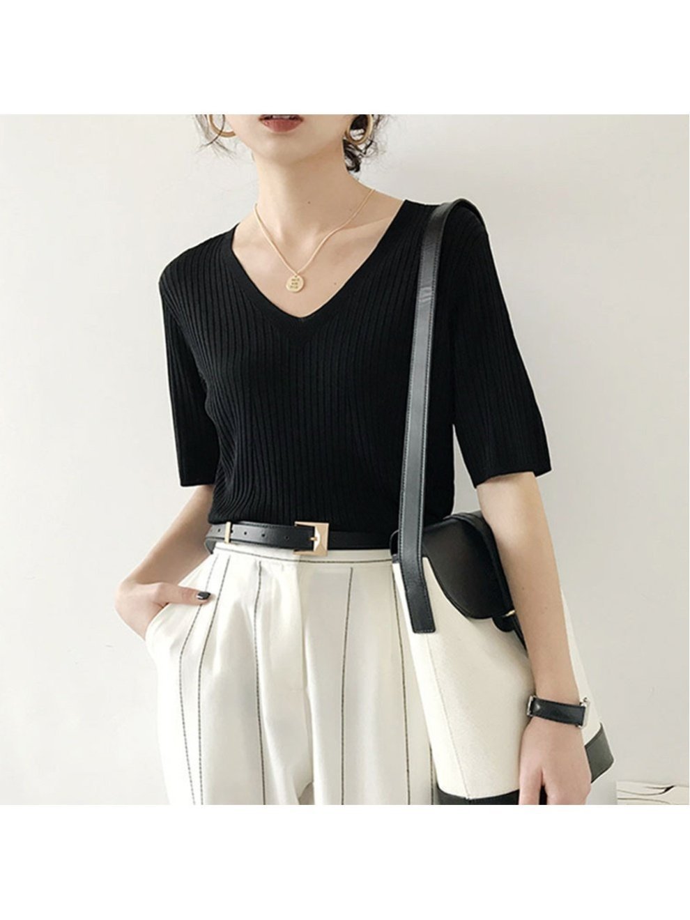 【ミニミニストア/miniministore】の5分袖リブニット夏服トップス レディース インテリア・キッズ・メンズ・レディースファッション・服の通販 founy(ファニー) 　ファッション　Fashion　レディースファッション　Ladies' Fashion Online　トップス・カットソー　Tops/Tshirt　ニット　Knit Tops　イエロー　Yellow　インナー　Inner　カットソー　Cut And Sew　サマー　Summer　シンプル　Simple　デニム　Denim　ニットソー　Knit Sew　ベスト　Vest　リブニット　Rib Knit　夏　Summer　洗える　Washable　無地　Plain Color　Vネック*ブラック|ID: prp329100004550536 ipo3291000000032605599