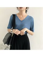 【ミニミニストア/miniministore】の5分袖リブニット夏服トップス レディース Vネック*ブルー|ID: prp329100004550536 ipo3291000000032605601