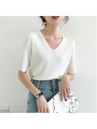 【ミニミニストア/miniministore】の5分袖リブニット夏服トップス レディース Vネック*ホワイト|ID: prp329100004550536 ipo3291000000032605603