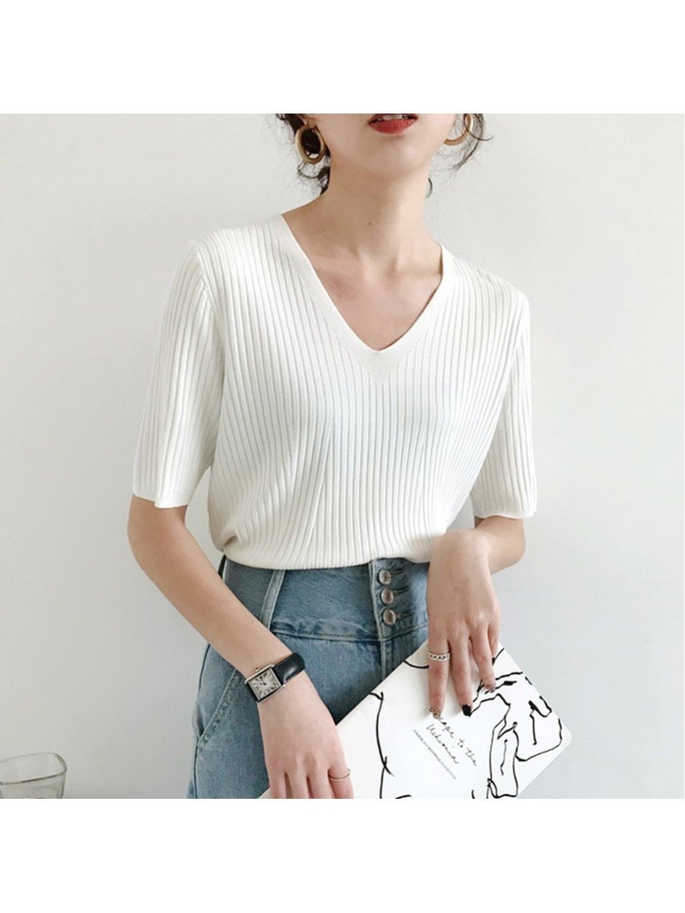 【ミニミニストア/miniministore】の5分袖リブニット夏服トップス レディース インテリア・キッズ・メンズ・レディースファッション・服の通販 founy(ファニー) 　ファッション　Fashion　レディースファッション　Ladies' Fashion Online　トップス・カットソー　Tops/Tshirt　ニット　Knit Tops　イエロー　Yellow　インナー　Inner　カットソー　Cut And Sew　サマー　Summer　シンプル　Simple　デニム　Denim　ニットソー　Knit Sew　ベスト　Vest　リブニット　Rib Knit　夏　Summer　洗える　Washable　無地　Plain Color　Vネック*ホワイト|ID: prp329100004550536 ipo3291000000032605603