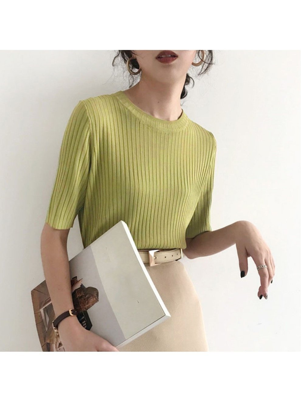 【ミニミニストア/miniministore】の5分袖リブニット夏服トップス レディース インテリア・キッズ・メンズ・レディースファッション・服の通販 founy(ファニー) 　ファッション　Fashion　レディースファッション　Ladies' Fashion Online　トップス・カットソー　Tops/Tshirt　ニット　Knit Tops　イエロー　Yellow　インナー　Inner　カットソー　Cut And Sew　サマー　Summer　シンプル　Simple　デニム　Denim　ニットソー　Knit Sew　ベスト　Vest　リブニット　Rib Knit　夏　Summer　洗える　Washable　無地　Plain Color　クルーネック*グリーン|ID: prp329100004550536 ipo3291000000032605607