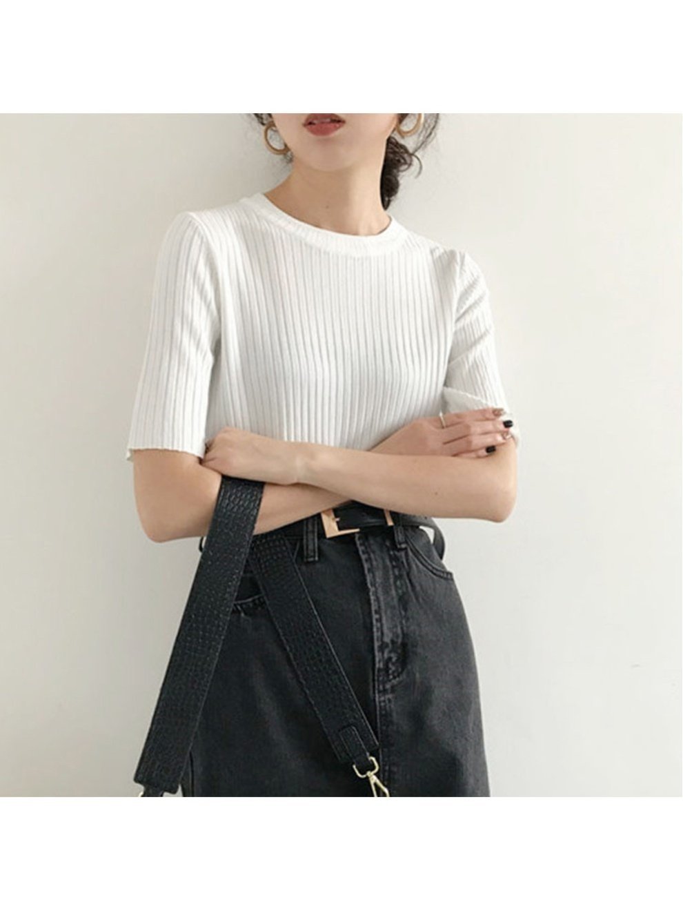 【ミニミニストア/miniministore】の5分袖リブニット夏服トップス レディース インテリア・キッズ・メンズ・レディースファッション・服の通販 founy(ファニー) 　ファッション　Fashion　レディースファッション　Ladies' Fashion Online　トップス・カットソー　Tops/Tshirt　ニット　Knit Tops　イエロー　Yellow　インナー　Inner　カットソー　Cut And Sew　サマー　Summer　シンプル　Simple　デニム　Denim　ニットソー　Knit Sew　ベスト　Vest　リブニット　Rib Knit　夏　Summer　洗える　Washable　無地　Plain Color　クルーネック*ホワイト|ID: prp329100004550536 ipo3291000000032605613