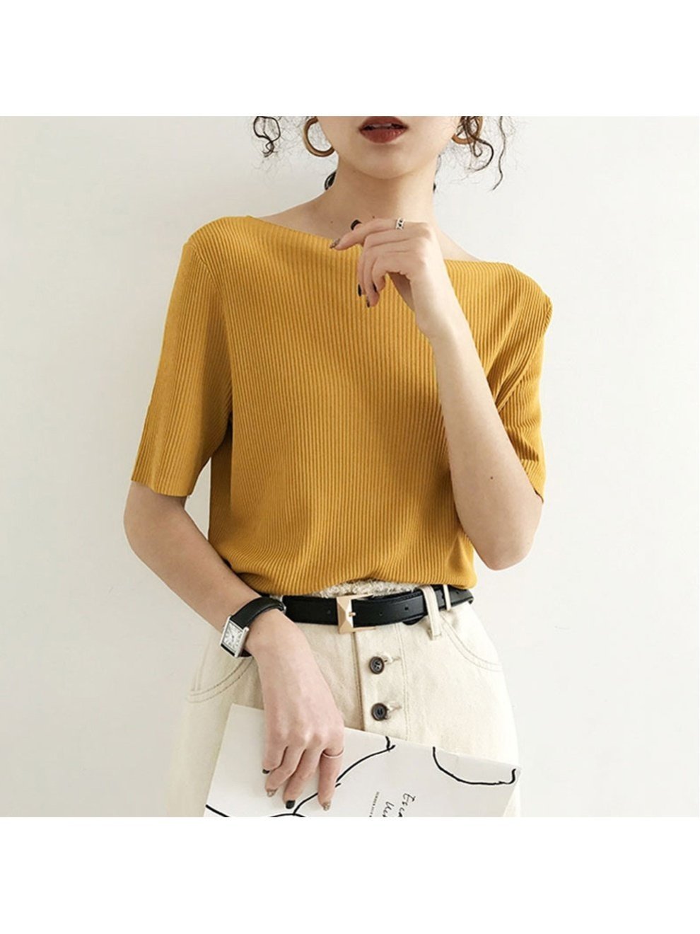 【ミニミニストア/miniministore】の5分袖リブニット夏服トップス レディース インテリア・キッズ・メンズ・レディースファッション・服の通販 founy(ファニー) 　ファッション　Fashion　レディースファッション　Ladies' Fashion Online　トップス・カットソー　Tops/Tshirt　ニット　Knit Tops　イエロー　Yellow　インナー　Inner　カットソー　Cut And Sew　サマー　Summer　シンプル　Simple　デニム　Denim　ニットソー　Knit Sew　ベスト　Vest　リブニット　Rib Knit　夏　Summer　洗える　Washable　無地　Plain Color　ボートネック*イエロー|ID: prp329100004550536 ipo3291000000032605614