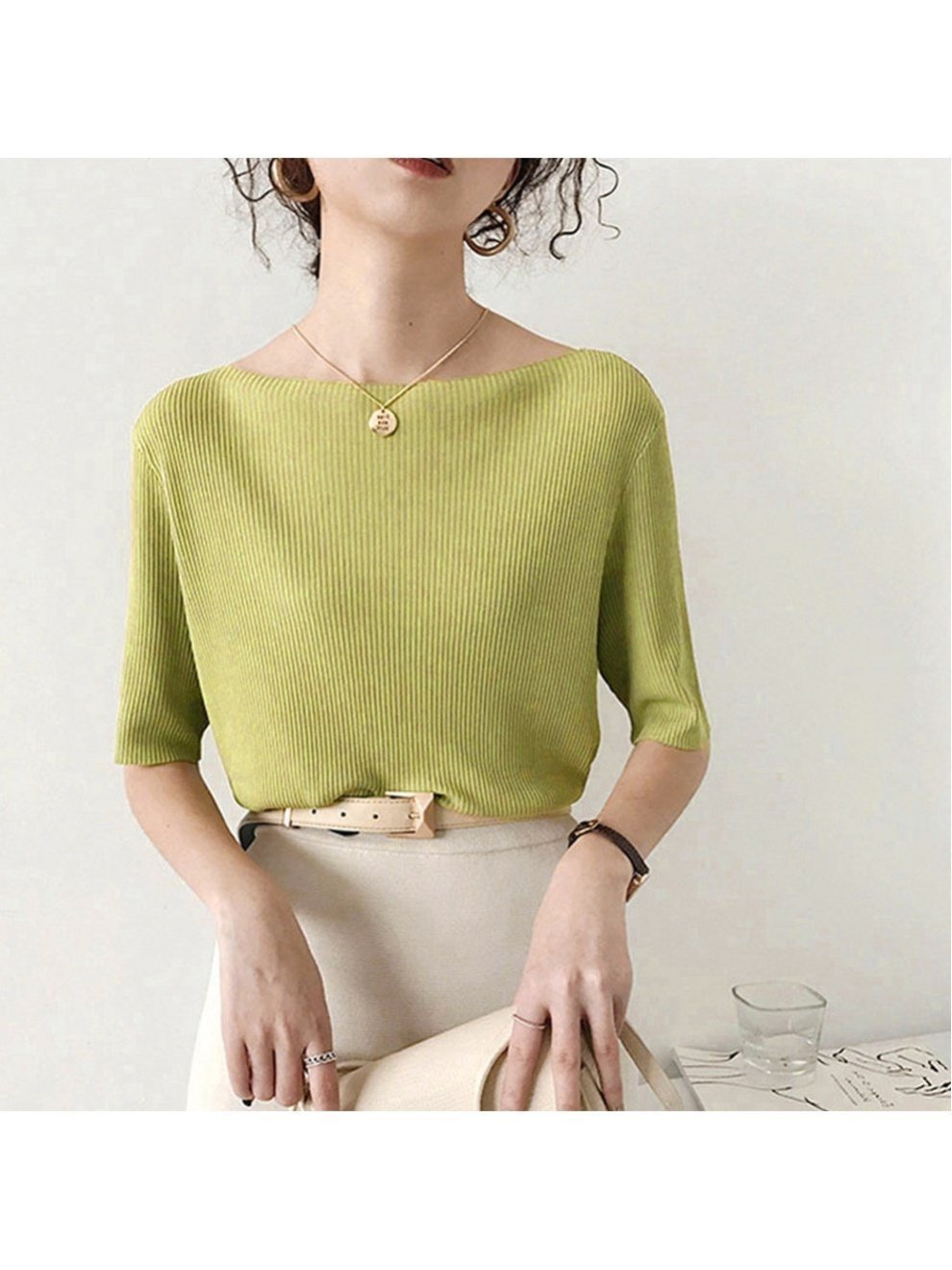 【ミニミニストア/miniministore】の5分袖リブニット夏服トップス レディース インテリア・キッズ・メンズ・レディースファッション・服の通販 founy(ファニー) 　ファッション　Fashion　レディースファッション　Ladies' Fashion Online　トップス・カットソー　Tops/Tshirt　ニット　Knit Tops　イエロー　Yellow　インナー　Inner　カットソー　Cut And Sew　サマー　Summer　シンプル　Simple　デニム　Denim　ニットソー　Knit Sew　ベスト　Vest　リブニット　Rib Knit　夏　Summer　洗える　Washable　無地　Plain Color　ボートネック*グリーン|ID: prp329100004550536 ipo3291000000032605615