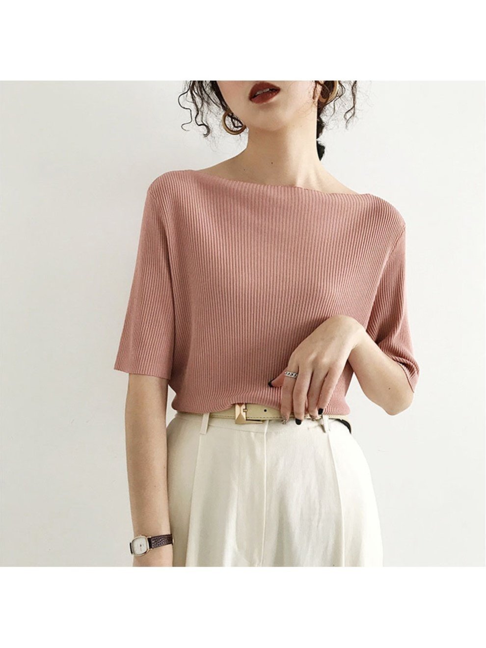 【ミニミニストア/miniministore】の5分袖リブニット夏服トップス レディース インテリア・キッズ・メンズ・レディースファッション・服の通販 founy(ファニー) 　ファッション　Fashion　レディースファッション　Ladies' Fashion Online　トップス・カットソー　Tops/Tshirt　ニット　Knit Tops　イエロー　Yellow　インナー　Inner　カットソー　Cut And Sew　サマー　Summer　シンプル　Simple　デニム　Denim　ニットソー　Knit Sew　ベスト　Vest　リブニット　Rib Knit　夏　Summer　洗える　Washable　無地　Plain Color　ボートネック*ピンク|ID: prp329100004550536 ipo3291000000032605616