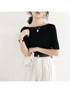 【ミニミニストア/miniministore】の5分袖リブニット夏服トップス レディース ボートネック*ブラック|ID: prp329100004550536 ipo3291000000032605617