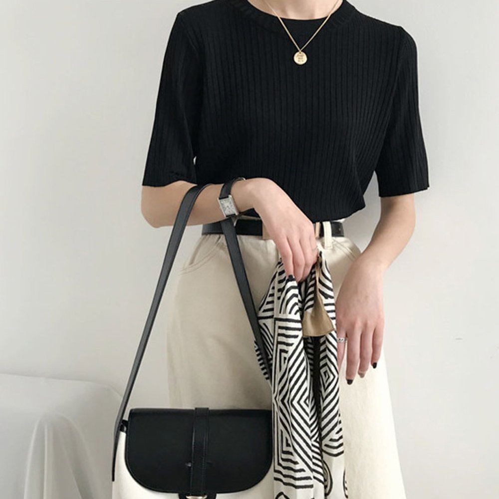 【ミニミニストア/miniministore】の5分袖リブニット夏服トップス レディース インテリア・キッズ・メンズ・レディースファッション・服の通販 founy(ファニー) 　ファッション　Fashion　レディースファッション　Fashion for Women　トップス・カットソー　Cut & Sew Tops　ニット　Knit Tops & Sweaters　イエロー　Yellow　インナー　Innerwear　カットソー　Cut and Sewn Top　デニム　Denim, Jeans Material　ベスト　Vest, Waistcoat　リブニット　Rib Knit, Ribbed Knit　夏　Summer　洗える　Machine Washable　無地　Plain, Solid Color　クルーネック*ブラック|ID: prp329100004550536 ipo3291000000033752138