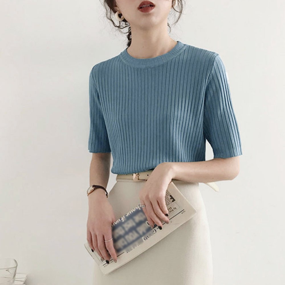 【ミニミニストア/miniministore】の5分袖リブニット夏服トップス レディース インテリア・キッズ・メンズ・レディースファッション・服の通販 founy(ファニー) 　ファッション　Fashion　レディースファッション　Fashion for Women　トップス・カットソー　Cut & Sew Tops　ニット　Knit Tops & Sweaters　イエロー　Yellow　インナー　Innerwear　カットソー　Cut and Sewn Top　デニム　Denim, Jeans Material　ベスト　Vest, Waistcoat　リブニット　Rib Knit, Ribbed Knit　夏　Summer　洗える　Machine Washable　無地　Plain, Solid Color　クルーネック*ブルー|ID: prp329100004550536 ipo3291000000033752139