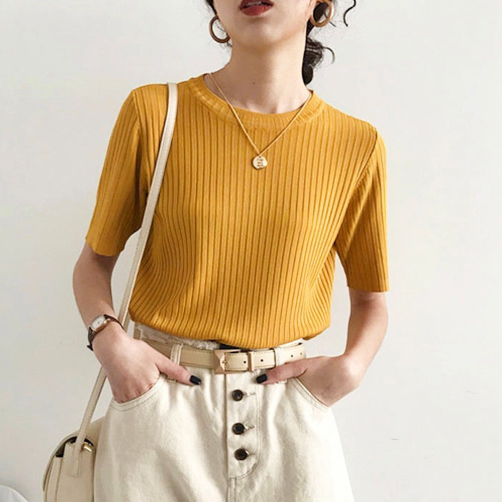 【ミニミニストア/miniministore】の5分袖リブニット夏服トップス レディース インテリア・キッズ・メンズ・レディースファッション・服の通販 founy(ファニー) 　ファッション　Fashion　レディースファッション　Fashion for Women　トップス・カットソー　Cut & Sew Tops　ニット　Knit Tops & Sweaters　イエロー　Yellow　インナー　Innerwear　カットソー　Cut and Sewn Top　デニム　Denim, Jeans Material　ベスト　Vest, Waistcoat　リブニット　Rib Knit, Ribbed Knit　夏　Summer　洗える　Machine Washable　無地　Plain, Solid Color　クルーネック*イエロー|ID: prp329100004550536 ipo3291000000033752145
