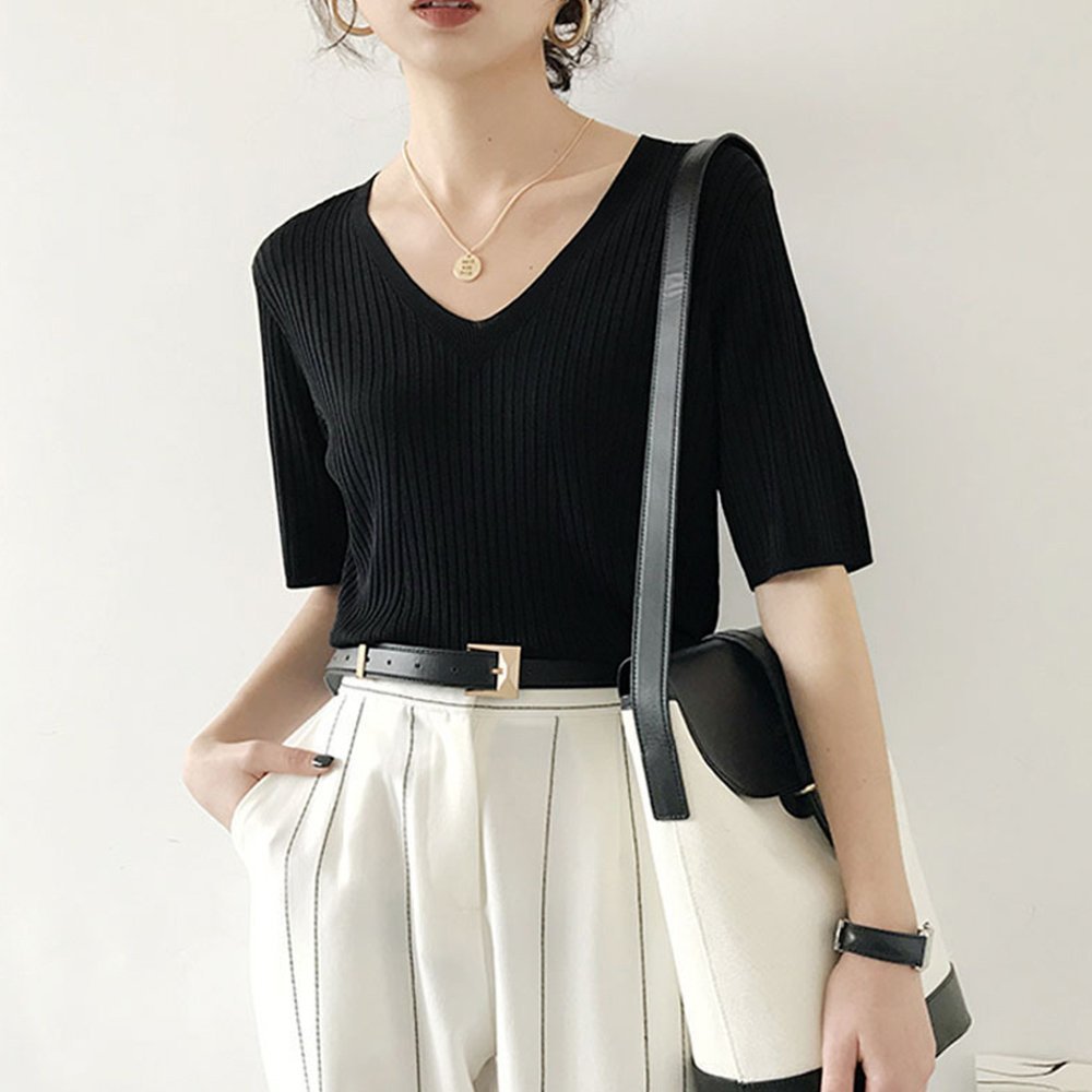 【ミニミニストア/miniministore】の5分袖リブニット夏服トップス レディース インテリア・キッズ・メンズ・レディースファッション・服の通販 founy(ファニー) 　ファッション　Fashion　レディースファッション　Fashion for Women　トップス・カットソー　Cut & Sew Tops　ニット　Knit Tops & Sweaters　イエロー　Yellow　インナー　Innerwear　カットソー　Cut and Sewn Top　デニム　Denim, Jeans Material　ベスト　Vest, Waistcoat　リブニット　Rib Knit, Ribbed Knit　夏　Summer　洗える　Machine Washable　無地　Plain, Solid Color　Vネック*ブラック|ID: prp329100004550536 ipo3291000000033752148
