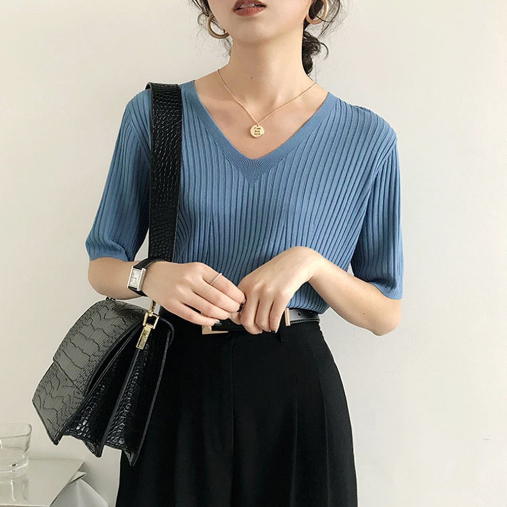 【ミニミニストア/miniministore】の5分袖リブニット夏服トップス レディース インテリア・キッズ・メンズ・レディースファッション・服の通販 founy(ファニー) 　ファッション　Fashion　レディースファッション　Fashion for Women　トップス・カットソー　Cut & Sew Tops　ニット　Knit Tops & Sweaters　イエロー　Yellow　インナー　Innerwear　カットソー　Cut and Sewn Top　デニム　Denim, Jeans Material　ベスト　Vest, Waistcoat　リブニット　Rib Knit, Ribbed Knit　夏　Summer　洗える　Machine Washable　無地　Plain, Solid Color　Vネック*ブルー|ID: prp329100004550536 ipo3291000000033752150