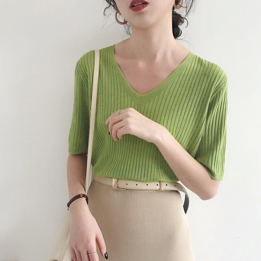 【ミニミニストア/miniministore】の5分袖リブニット夏服トップス レディース インテリア・キッズ・メンズ・レディースファッション・服の通販 founy(ファニー) 　ファッション　Fashion　レディースファッション　Fashion for Women　トップス・カットソー　Cut & Sew Tops　ニット　Knit Tops & Sweaters　イエロー　Yellow　インナー　Innerwear　カットソー　Cut and Sewn Top　デニム　Denim, Jeans Material　ベスト　Vest, Waistcoat　リブニット　Rib Knit, Ribbed Knit　夏　Summer　洗える　Machine Washable　無地　Plain, Solid Color　Vネック*グリーン|ID: prp329100004550536 ipo3291000000033752153