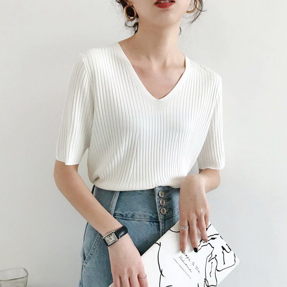 【ミニミニストア/miniministore】の5分袖リブニット夏服トップス レディース インテリア・キッズ・メンズ・レディースファッション・服の通販 founy(ファニー) 　ファッション　Fashion　レディースファッション　Fashion for Women　トップス・カットソー　Cut & Sew Tops　ニット　Knit Tops & Sweaters　イエロー　Yellow　インナー　Innerwear　カットソー　Cut and Sewn Top　デニム　Denim, Jeans Material　ベスト　Vest, Waistcoat　リブニット　Rib Knit, Ribbed Knit　夏　Summer　洗える　Machine Washable　無地　Plain, Solid Color　Vネック*ホワイト|ID: prp329100004550536 ipo3291000000033752155