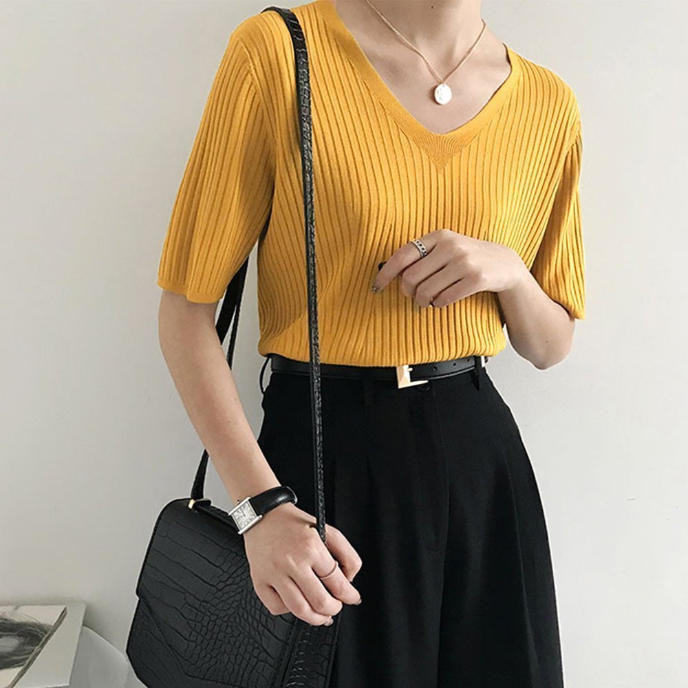 【ミニミニストア/miniministore】の5分袖リブニット夏服トップス レディース インテリア・キッズ・メンズ・レディースファッション・服の通販 founy(ファニー) 　ファッション　Fashion　レディースファッション　Fashion for Women　トップス・カットソー　Cut & Sew Tops　ニット　Knit Tops & Sweaters　イエロー　Yellow　インナー　Innerwear　カットソー　Cut and Sewn Top　デニム　Denim, Jeans Material　ベスト　Vest, Waistcoat　リブニット　Rib Knit, Ribbed Knit　夏　Summer　洗える　Machine Washable　無地　Plain, Solid Color　Vネック*イエロー|ID: prp329100004550536 ipo3291000000033752156