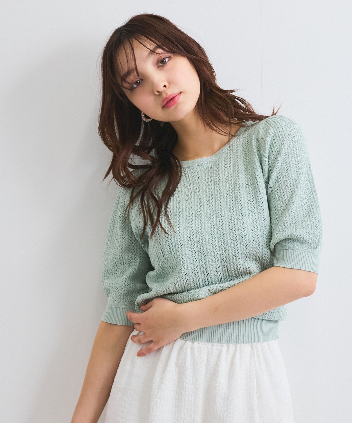 【クイーンズ コート/QUEENS COURT】の透かし編みパフスリーブニット≪手洗い可能≫ 人気、トレンドファッション・服の通販 founy(ファニー) 　ファッション　Fashion　レディースファッション　Fashion for Women　トップス・カットソー　Cut & Sew Tops　ニット　Knit Tops & Sweaters　イエロー　Yellow　ギャザー　Gathered, Ruffled　ポケット　Pocket, Pocket Detail　レース　Lace, Lace Fabric　 other-1|ID: prp329100004550730 ipo3291000000032715048