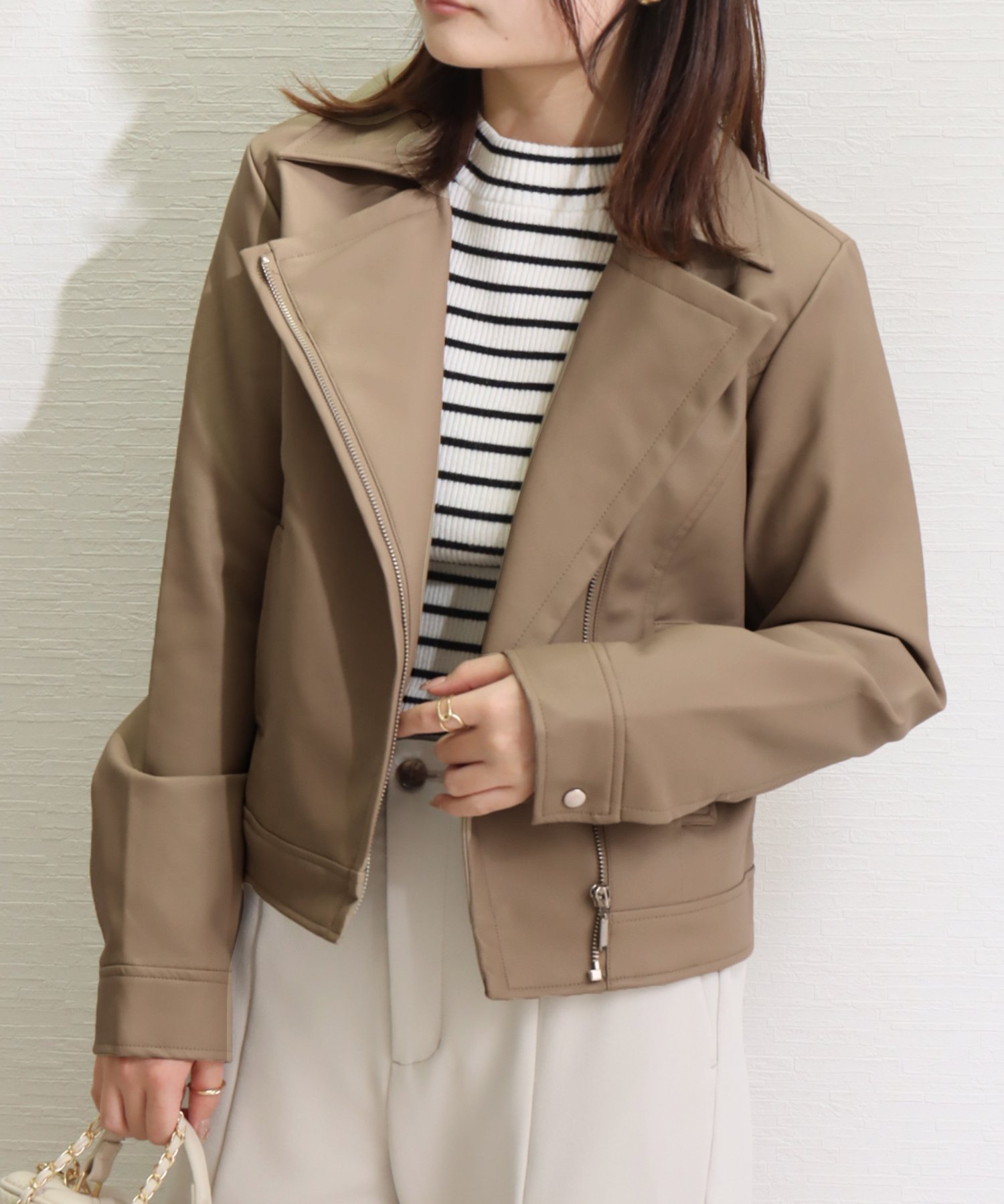 【リベルモア/libelle more】のエコレザーライダースジャケット インテリア・キッズ・メンズ・レディースファッション・服の通販 founy(ファニー) 　ファッション　Fashion　レディースファッション　Fashion for Women　アウター　Coat / Outerwear Collection　レディースジャケット・軽アウター　Jackets　ライダースジャケット / レザースタイル　Riders Jackets & Biker Style　なめらか　Smooth, Silky Texture　コンパクト　Compact, Small Size　バランス　Balance, Style Balance　ポケット　Pocket, Pocket Detail　ライダース　Riders　ライダースジャケット　Riders, Biker Jacket　定番　Standard, Basic Item　ベージュ|ID: prp329100004550797 ipo3291000000033567567