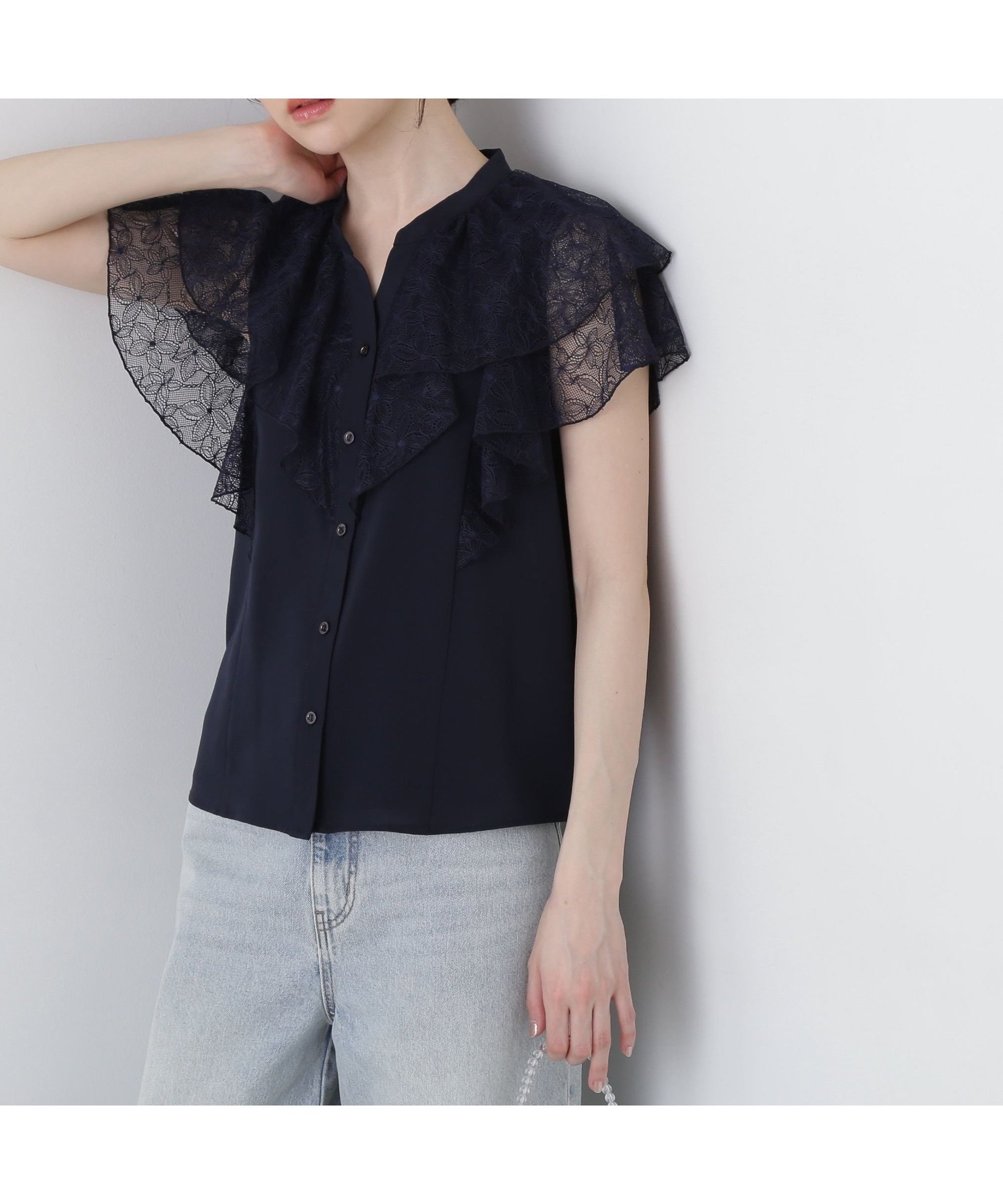 【プロポーション ボディドレッシング/PROPORTION BODY DRESSING】のレースラッフルブラウス インテリア・キッズ・メンズ・レディースファッション・服の通販 founy(ファニー) 　ファッション　Fashion　レディースファッション　Ladies' Fashion Online　トップス・カットソー　Tops/Tshirt　シャツ/ブラウス　Shirts/Blouses　ラッフル　Raffle　レース　Race　ネイビー|ID: prp329100004550884 ipo3291000000032666734