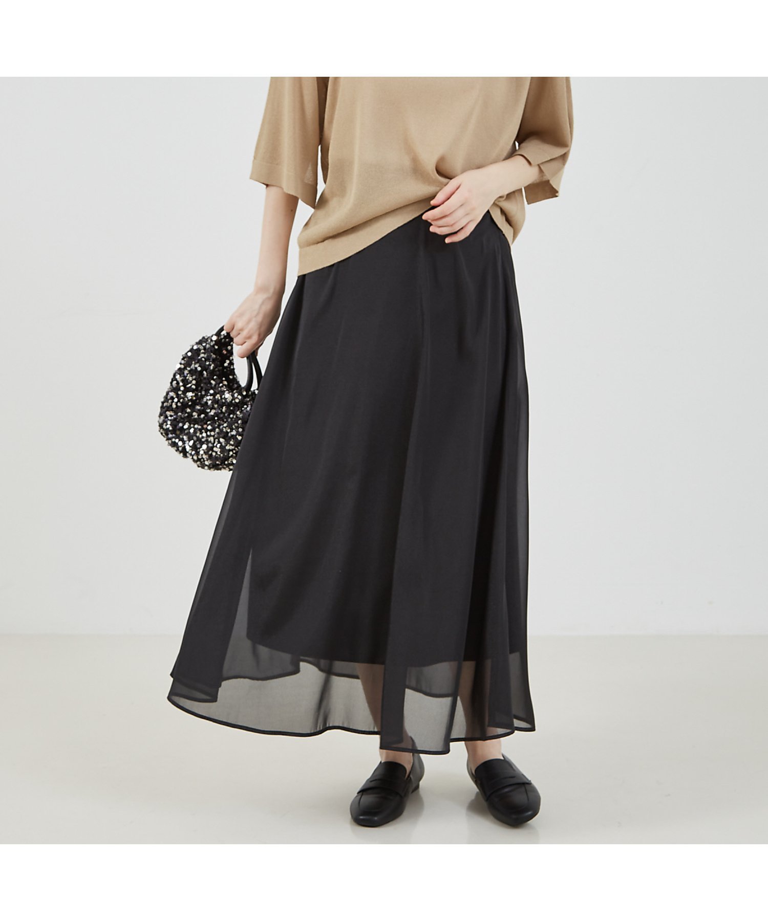 【アバハウスマヴィ/abahouse mavie】のシアーフレアースカート インテリア・キッズ・メンズ・レディースファッション・服の通販 founy(ファニー) 　ファッション　Fashion　レディースファッション　WOMEN　スカート　Skirt　おすすめ　Recommend　ギャザー　Gather　サンダル　Sandals　シアー　Sheer　フロント　Front　エレガント 上品　Elegant　楽ちん　Easy　ブラック|ID: prp329100004552150 ipo3291000000032172190