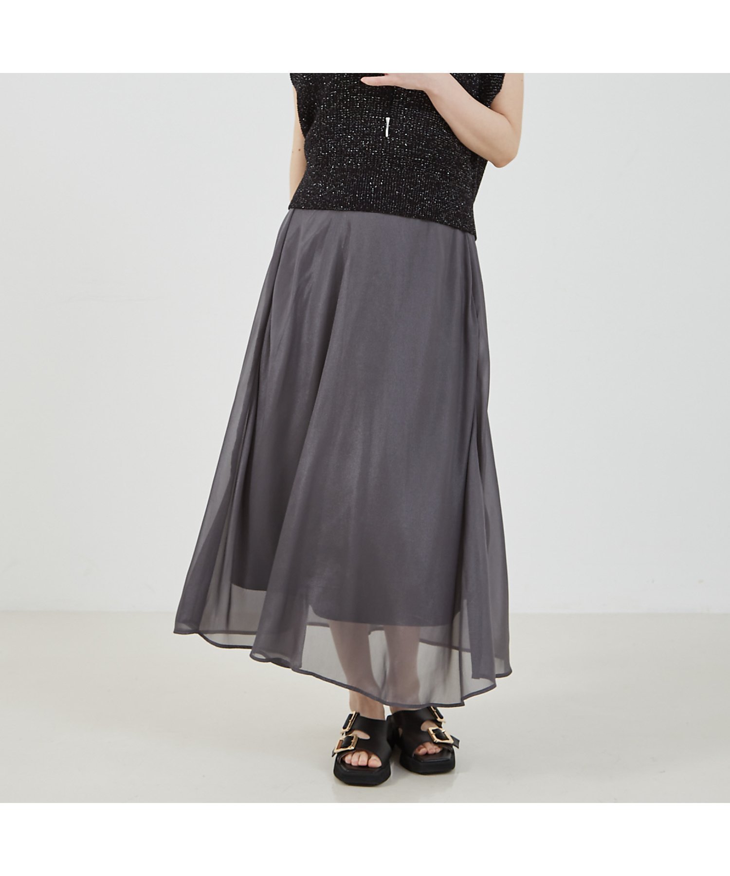 【アバハウスマヴィ/abahouse mavie】のシアーフレアースカート インテリア・キッズ・メンズ・レディースファッション・服の通販 founy(ファニー) 　ファッション　Fashion　レディースファッション　WOMEN　スカート　Skirt　おすすめ　Recommend　ギャザー　Gather　サンダル　Sandals　シアー　Sheer　フロント　Front　エレガント 上品　Elegant　楽ちん　Easy　チャコールグレー|ID: prp329100004552150 ipo3291000000032172195