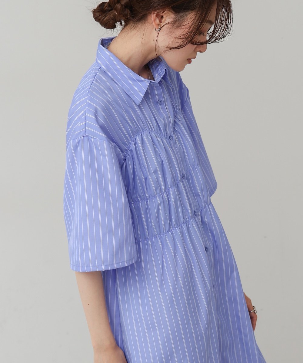 【バブ ブージュルード/Bab Bou Jeloud】の【低身長向けサイズあり】ビスチェ風シャツワンピース インテリア・キッズ・メンズ・レディースファッション・服の通販 founy(ファニー) 　ファッション　Fashion　レディースファッション　WOMEN　ワンピース　Dress　シャツワンピース　Shirt Dresses　ショート　Short　スニーカー　Sneakers　デニム　Denim　トレンド　Trend　バランス　Balance　ビスチェ　Bustier　レギンス　Leggings　おすすめ　Recommend　BLUE|ID: prp329100004552359 ipo3291000000032174406