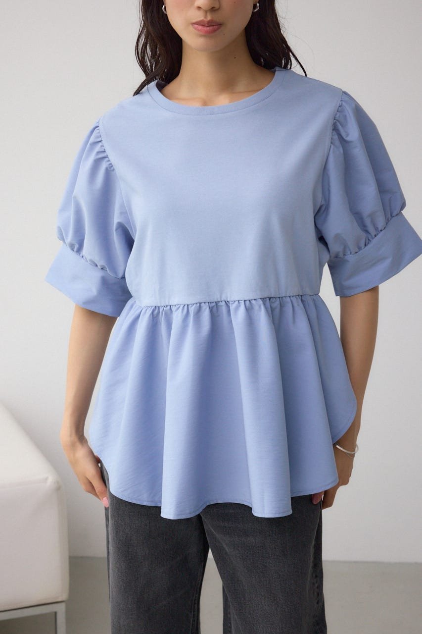 【アズール バイ マウジー/AZUL by moussy】の袖カフスペプラムトップス インテリア・キッズ・メンズ・レディースファッション・服の通販 founy(ファニー) 　ファッション　Fashion　レディースファッション　Ladies' Fashion Online　トップス・カットソー　Tops/Tshirt　おすすめ　Recommend　カフス　Cuffs　サンダル　Sandals　スラックス　Slacks　デニム　Denim　フェミニン　Feminine　ペプラム　Peplum　ミックス　Mix　エレガント 上品　Elegant　L/BLU1|ID: prp329100004552375 ipo3291000000032677594