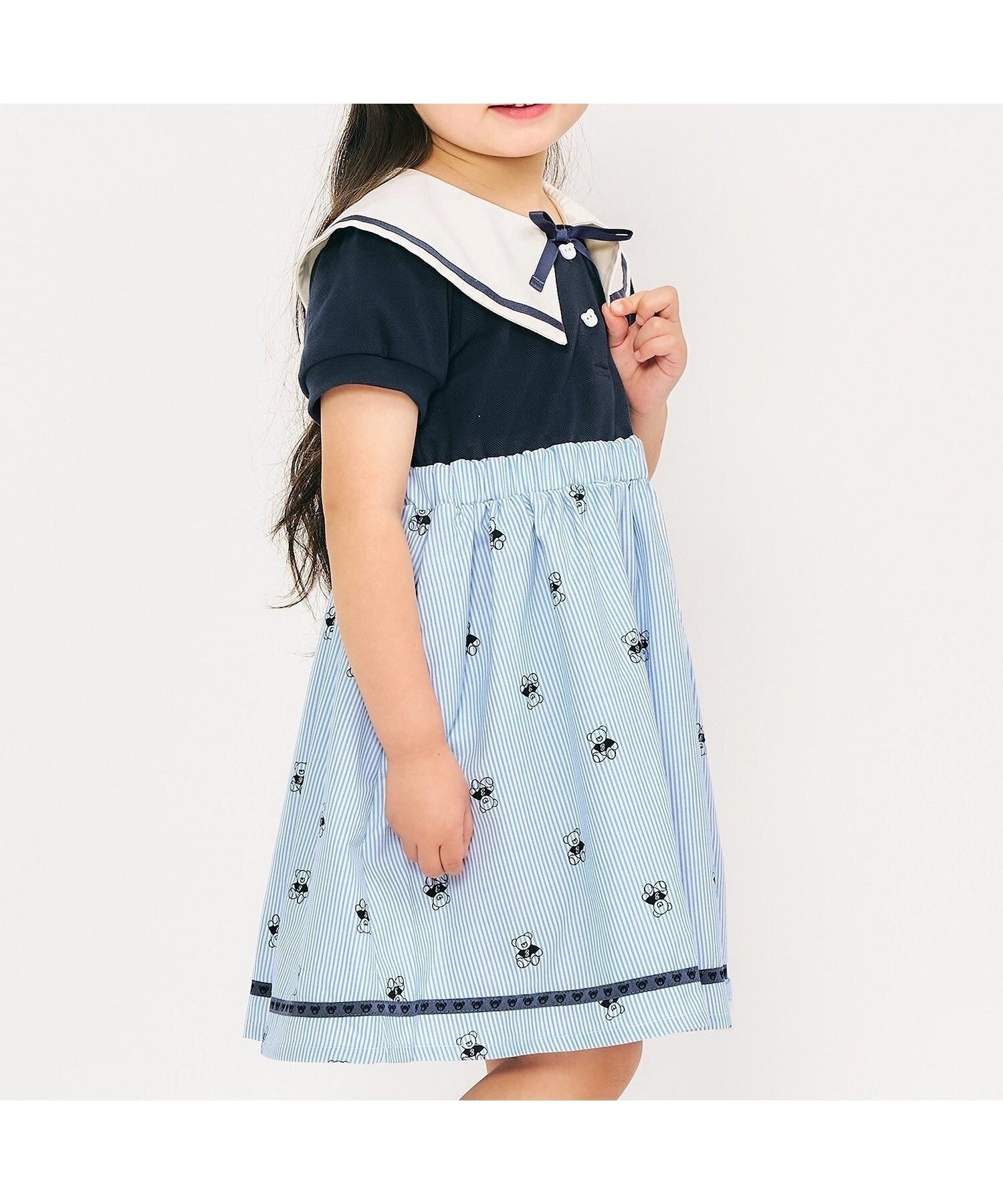 【エフオー オンラインストア/F.O.Online Store / KIDS】のtiny bearセーラー衿ドッキングワンピース インテリア・キッズ・メンズ・レディースファッション・服の通販 founy(ファニー) 　ファッション　Fashion　キッズファッション　Fashion for Kids　ワンピース　Dresses　おすすめ　Recommended / Our Picks　カットソー　Cut and Sewn Top　コレクション　Collection, Seasonal Line　ドッキング　Docking, Mixed Material　ポケット　Pocket, Pocket Detail　エレガント 上品　Elegant　半袖　Short Sleeve, Half Sleeve　夏　Summer　ネイビーブルー|ID: prp329100004552503 ipo3291000000033447548