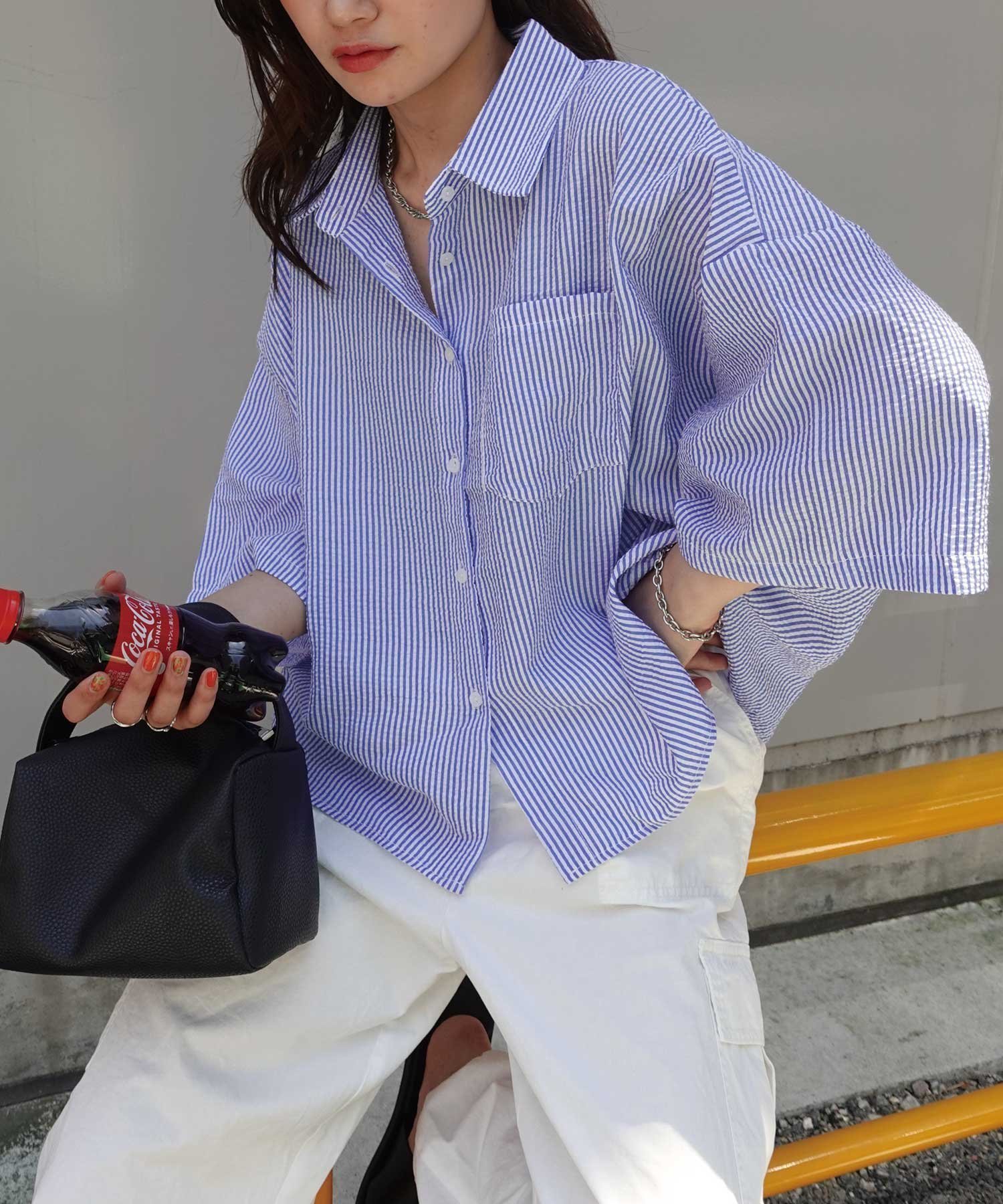 【コーナーズ/CORNERS】のビッグハーフスリーブシャツ インテリア・キッズ・メンズ・レディースファッション・服の通販 founy(ファニー) 　ファッション　Fashion　レディースファッション　Ladies' Fashion Online　トップス・カットソー　Tops/Tshirt　シャツ/ブラウス　Shirts/Blouses　ストライプ　Stripe　ブロード　Broad　ルーズ　Loose　ワッシャー　Washer　無地　Plain Color　ネイビーXホワイト|ID: prp329100004552672 ipo3291000000032682304